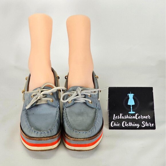 Tory Burch Women's Blue Nubuck Leather Joey Platform Boat Shoes Size 8 241 - Picture 13 of 16